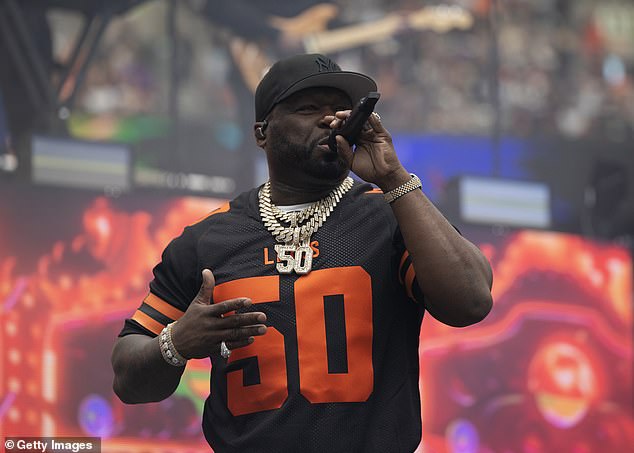 Rapper 50 Cent performs onstage during the BC Lions' pre-season opener concert against the Calgary Stampeders in June 2024