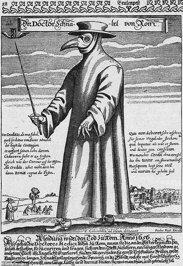 Illustration from 1656: A plague doctor in protective clothing. The beak-shaped mask contained spices believed to purify the air, and the wand was used to prevent touching patients.