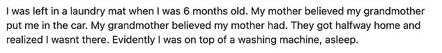 Several people have shared their own stories of being forgotten by their parents, including one who was abandoned outside a local store.