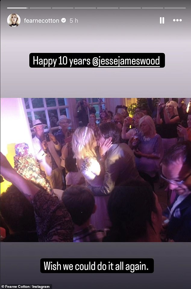 She also shared plenty more snippets from their nuptials on her Stories, including a photo of her and Jesse kissing on the dance floor, captioned: 'I wish we could do it all over again.'