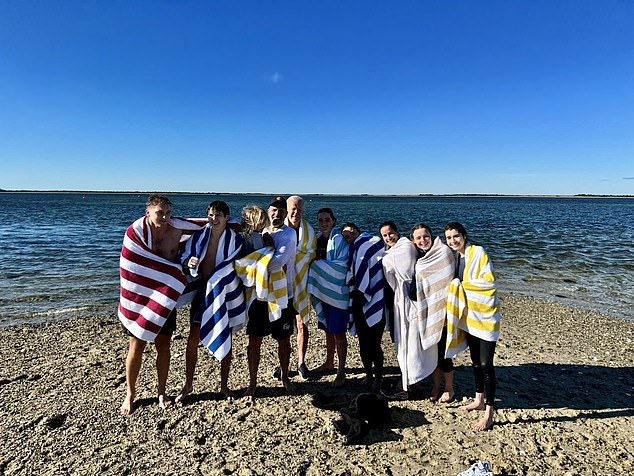 Naomi Biden posted a photo of the family participating in a Nantucket tradition: the Cold Turkey Plunge on Thanksgiving. From left to right: Peter Neal, Little Hunter, Baby Beau, Hunter Biden, President Biden, Maizy Biden, Naomi Biden, Ashley Biden, Finnegan Biden and Natalie Biden