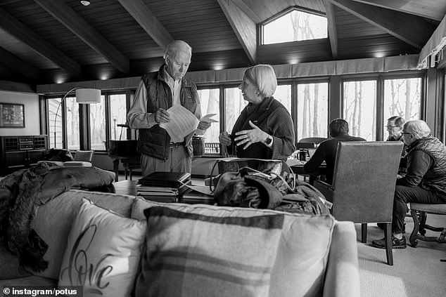 Anita Dunn, senior adviser to the president, with Joe Biden at Camp David