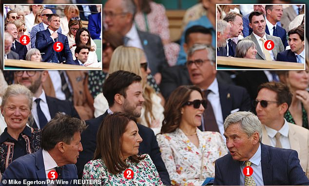 Pictured in the royal box at Wimbledon are: 1. Michael Middleton 2. Carole Middleton 3. Sebastian Coe 4. Shara Grylls 5. Bear Grylls 6. Pat Cummins