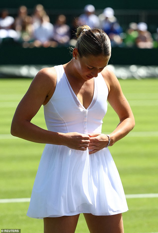 Marta was photographed getting ready to jump into an action-packed match by unbuttoning her sheer white dress, revealing a stunning gown designed by Wilson.