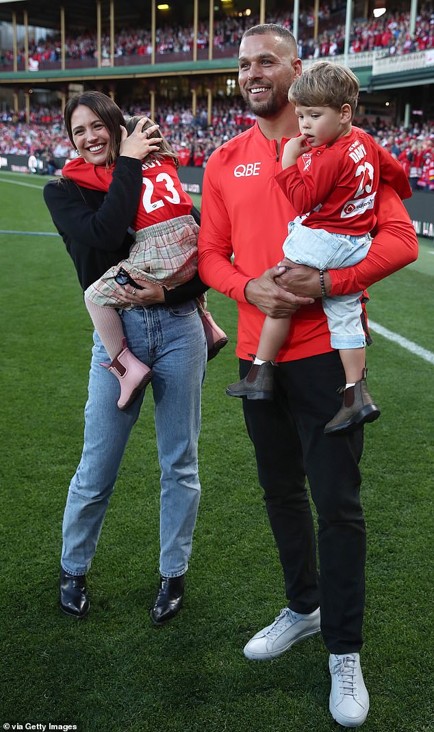 Franklin, 37, retired from AFL football last season after a decorated career with Hawthorn and the Sydney Swans (pictured with wife Jesinta and children Tallulah and Rocky during his farewell at the SCG)