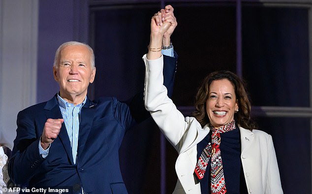 At one point, Harris grabbed Biden's hand and held it in the air, and then the two hugged.