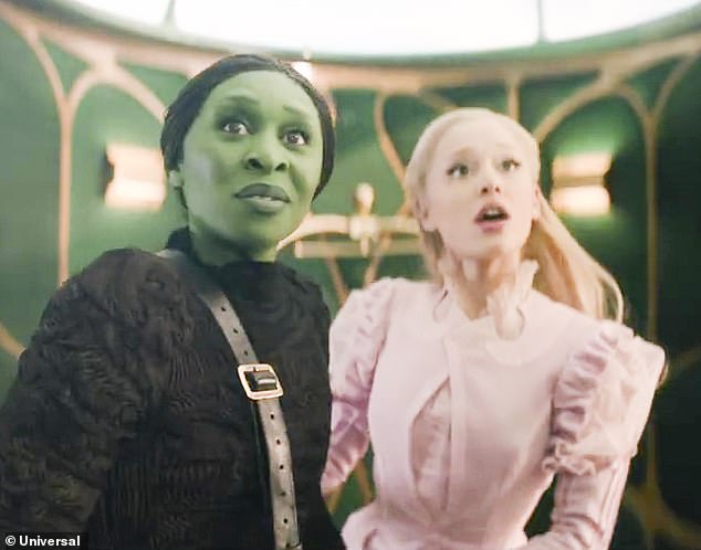 Many people theorized that her voice change could be because she still uses the voice she used while playing Glinda in Wicked, which she seemed to confirm; pictured with Cynthia Erivo as Elphaba.