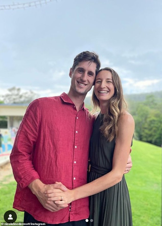 Nicola Olyslagers is pictured with her husband, basketball player and equally devout Christian, Rhys Olyslagers, whom she married in 2022.