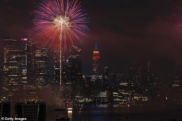 A view of the Macy's 48th Annual Anniversary Fireworks in New York City from Weehawken on July 4, 2024 in Weehawken