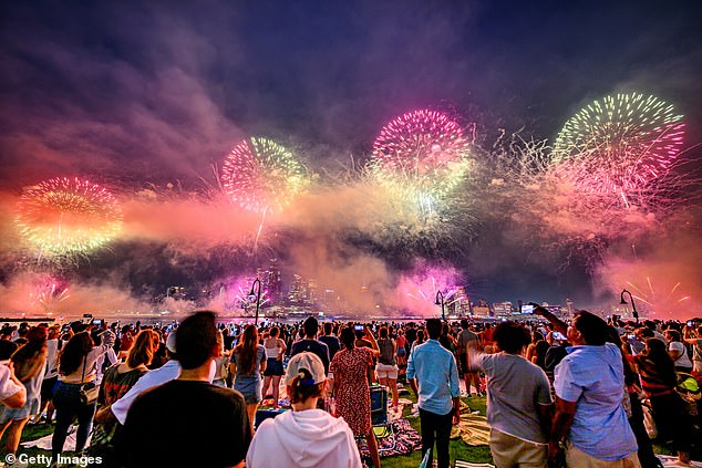 A view of the Macy's fireworks in New York City celebrating the 248th Independence Day of the United States from Hoboken, New Jersey