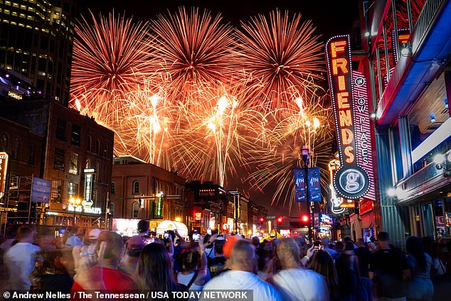 Fireworks light up the sky over Lower Broadway during the Let Freedom Sing! Music City Fourth of July event in Nashville, Tennessee