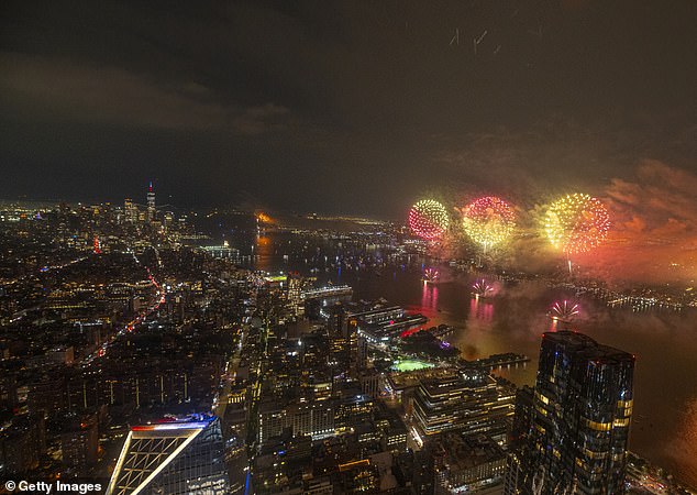 A view of the Macy's 48th Annual Anniversary Fireworks in New York City from The Edge Observation Deck