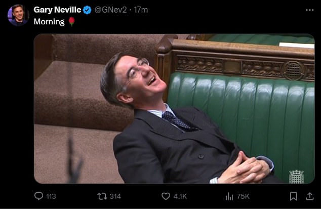 Meanwhile, former England manager Gary Neville posted a picture of Jacob Rees-Mogg, who lost his seat overnight.