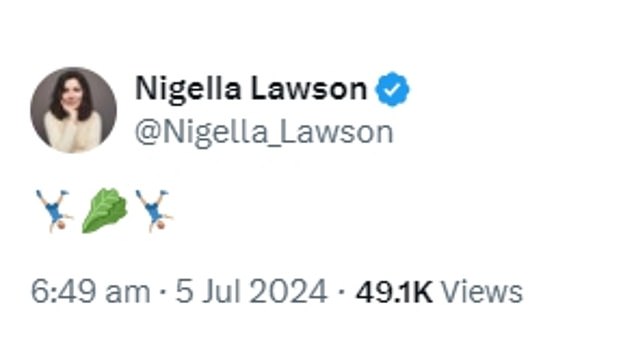 Nigella Lawson posted a lettuce emoji after Liz Truss, who was overtaken by a lettuce as prime minister, lost her seat in the election.