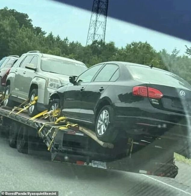 A driver believed to be from the US was left confused and concerned for his safety after spotting a vehicle mysteriously attached to another.