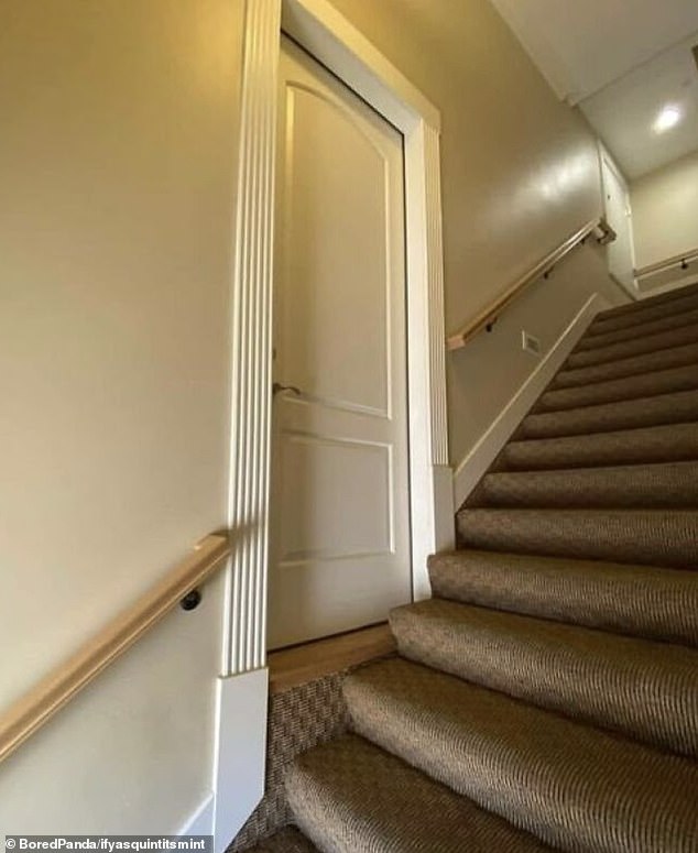 A person was surprised to visit a friend's house and find the entrance in the middle of a staircase.