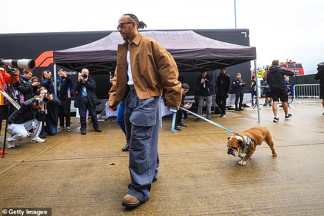 The 39-year-old Mercedes F1 driver put on an informal display for the glitzy festival, which runs from July 4-7, when he arrived at the paddock with his beloved dog, Roscoe.