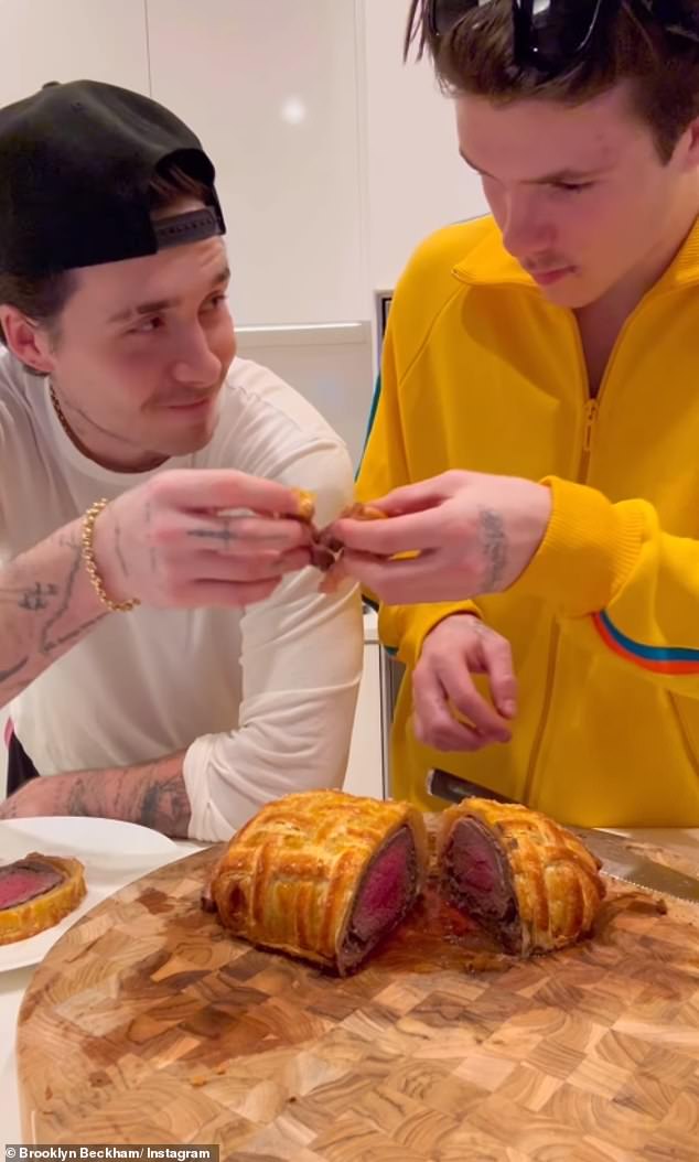 Earlier this year, Brooklyn (left) impressed Michelin-starred chef Gordon Ramsay by preparing a steak Wellington worth an estimated £120, with help from Cruz (right).