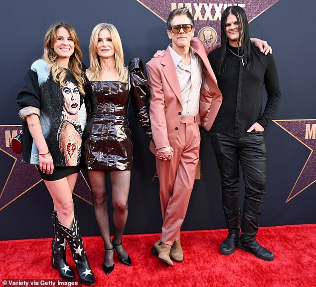 Kevin is pictured with his wife Kyra Sedgwick and their children Sosie and Travis in June 2024.