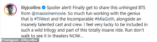 In the caption of the post, Lily praised the cast and crew of MaXXXine and shared how grateful she was to be a part of the X-rated film series while encouraging fans to watch the movie now.