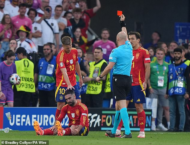 Defender Dani Carvajal will be sanctioned after being sent off for a second yellow card