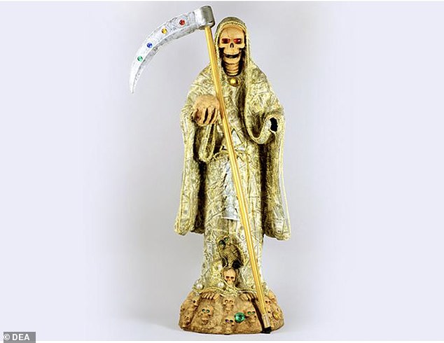 This statue of Santa Muerte was confiscated by the DEA in 2011 from two women who were transporting more than 700 grams of methamphetamine between Arizona and Minnesota. It was painted gold to represent economic power, success and prosperity.