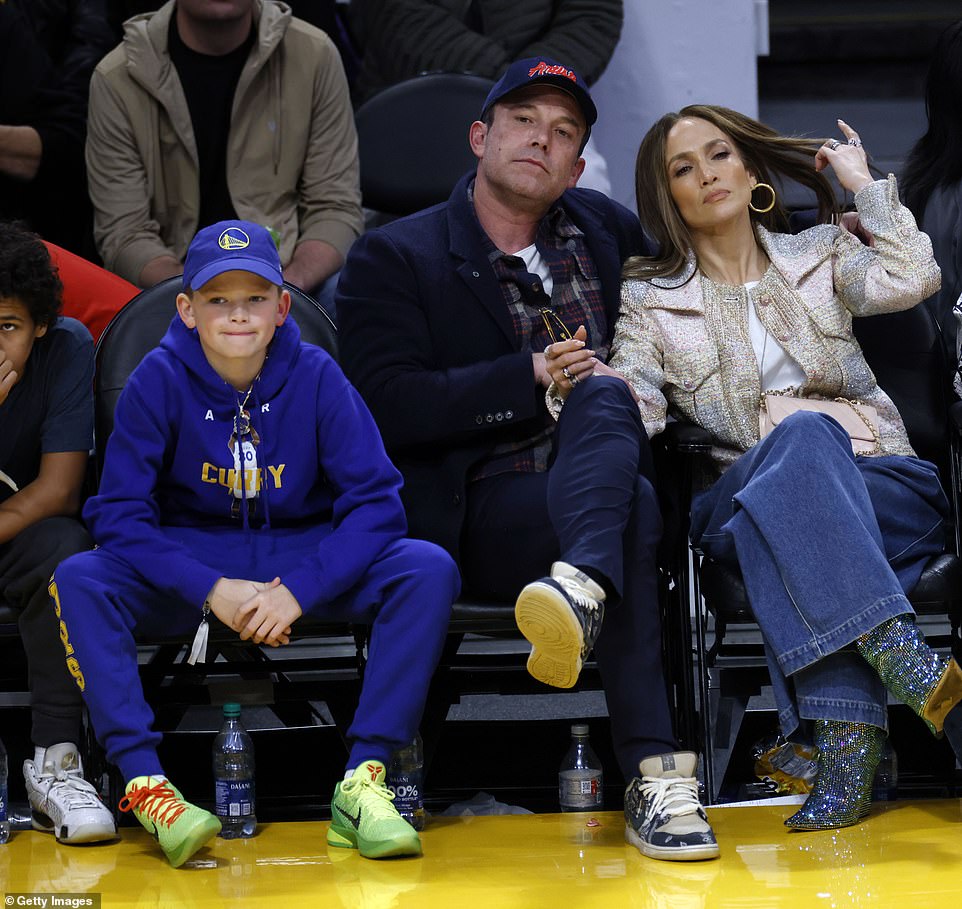 The stars with their son Samuel Garner Affleck attend a basketball game between the Los Angeles Lakers and Golden State Warriors at Crypto.com Arena in March.