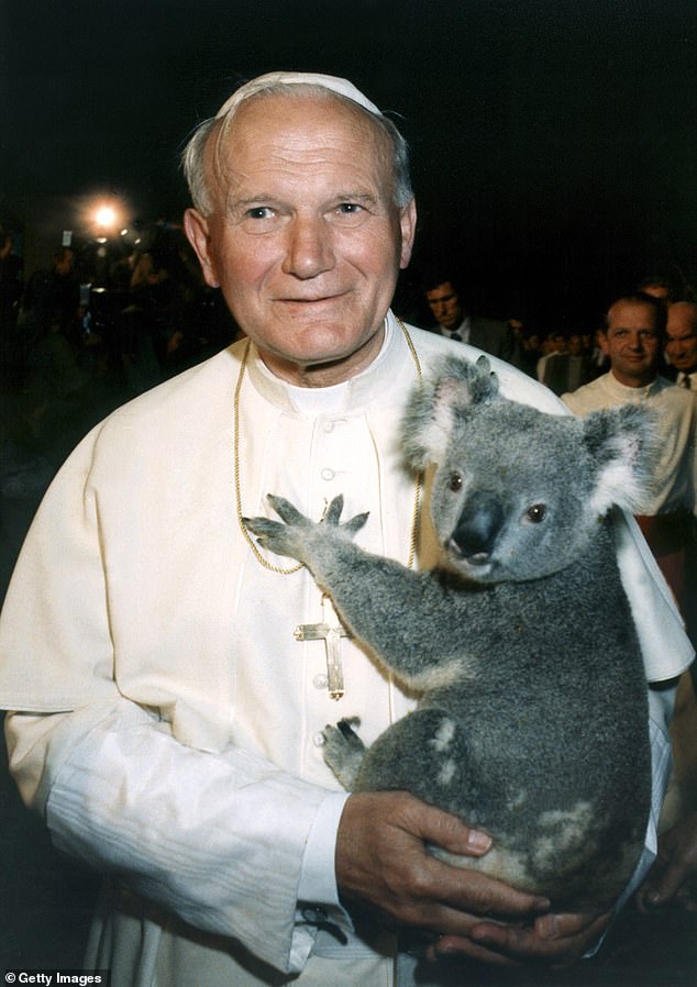 Pope John Paul II visits the Lone Pine Koala Sanctuary on November 25, 1986