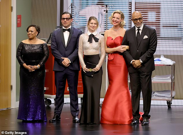 In January, Katherine reunited with her former Grey's Anatomy co-star Ellen Pompeo and the cast of the hit show at the 2024 Emmys, 14 years after she left the show (pictured: Chandra Wilson, Justin Chambers, Pompeo, Heigl and James Pickens Jr.).