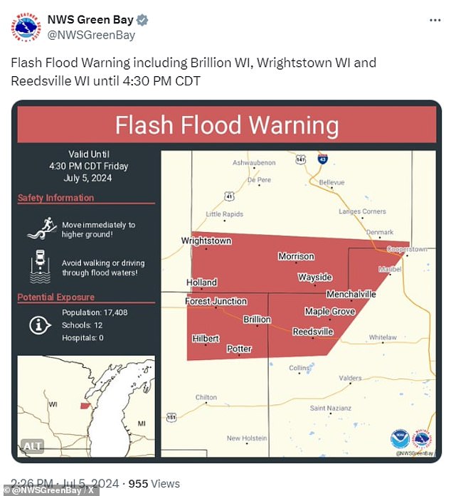 A flash flood emergency has been declared for Manawa in Waupaca County as thunderstorms in the area are producing heavy rainfall.