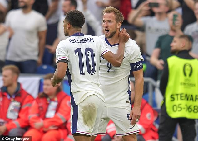 Bellingham celebrates with England captain and eventual match winner Harry Kane