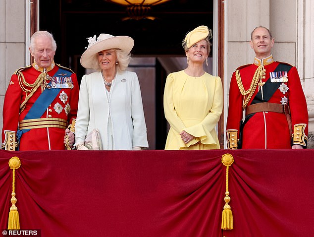 Sophie and Edward are pictured alongside King Charles and Queen Camilla for the Trooping the Colour parade last month on the balcony of Buckingham Palace.