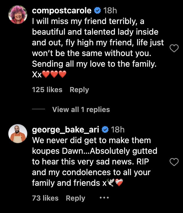 Many TV stars and fellow bakers took to Instagram and flooded the latest post with touching comments as they paid tribute to Dawn.