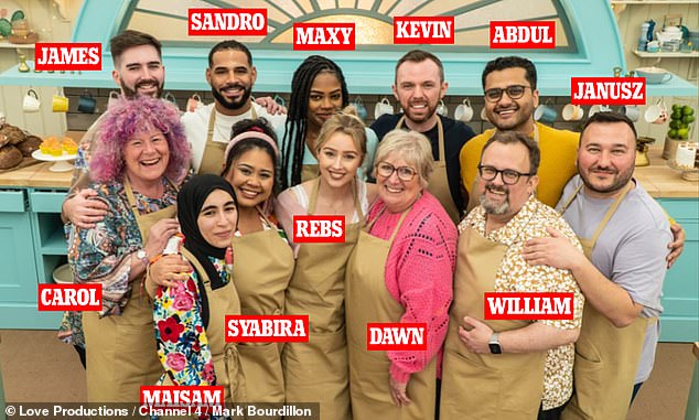 The Great British Bake Off 2022 line-up: (L-R) Carol, James Maisam, Sandro, Syabira, Maxy, Rebs, Dawn, Kevin, Abdul, William and Janusz