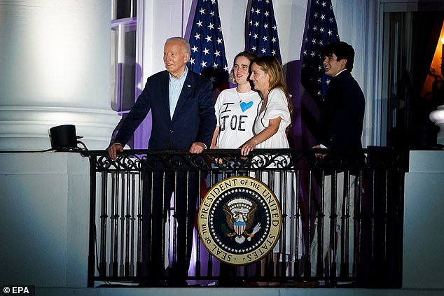 Biden with granddaughter Maisy Biden and family members watch fireworks from the Truman Balcony at the White House during U.S. Independence Day celebrations at the White House.