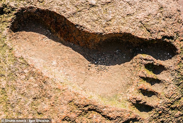 The imprint of an unusually large foot carved in granite