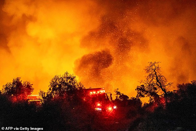 Images from the scene show red skies and burning trees as firefighters race to bring the situation under control.