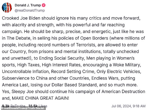 Trump, 78, listed what he claimed were Biden's policies, which he said were destroying the United States.