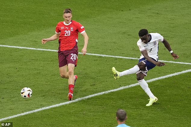 No one can question England's mettle, their football has been poor but, for the second game in a row, they have scored a late goal of great quality (Bukayo Saka, right, scores for England).