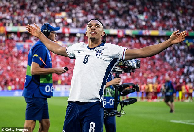 Trent Alexander-Arnold (pictured) was one of many stars who stepped up to take a penalty, with the Liverpool ace slotting home the decisive spot-kick.