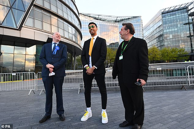 UKIP's Peter Gammon (right) and Rejoin EU's Richard Hewison (left) with independent Niko Omilana arriving at City Hall in London for the declaration of the next Mayor of London.