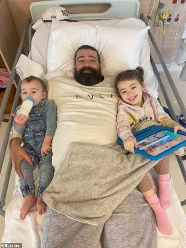 Lylah is pictured right with her father and younger brother after a round of chemotherapy.