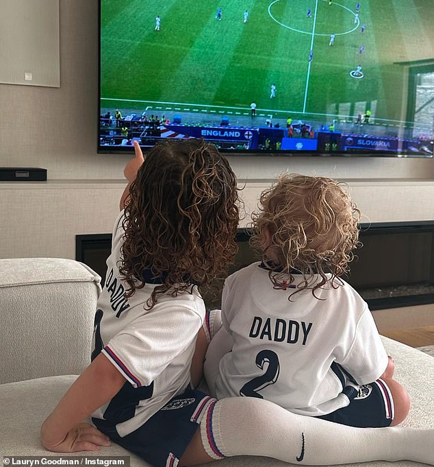 The former lover of player Kyle Walker has been sharing constant content on social media around the competition and for their clash against Switzerland she posted a snap of her two sons wearing England shirts with the phrase 