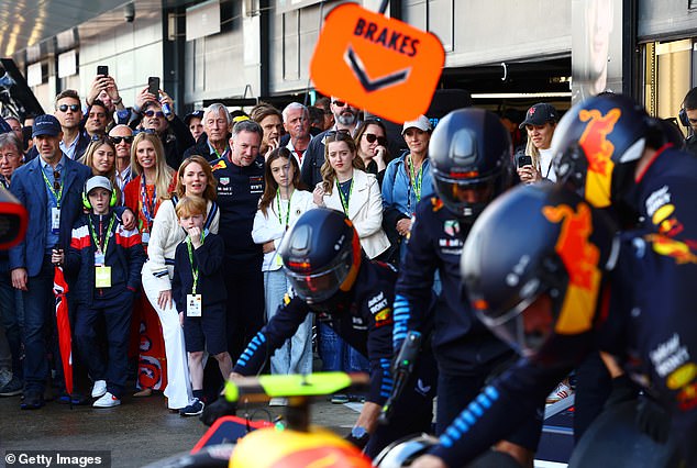 The couple were joined by daughter Bluebell, 18, son Montague, seven, and stepdaughter Olivia, 11, as they posed for photos while mingling in the paddock ahead of Sunday's race.