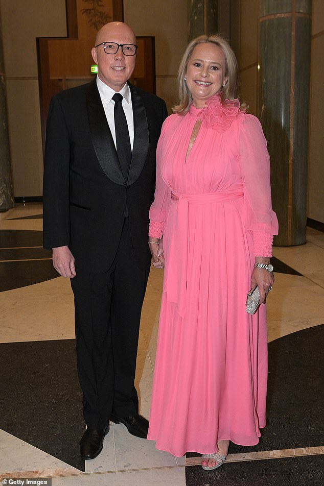 Peter Dutton (pictured last week with his wife Kirilly) also overtook Anthony Albanese in his home state of Queensland as the preferred prime minister.