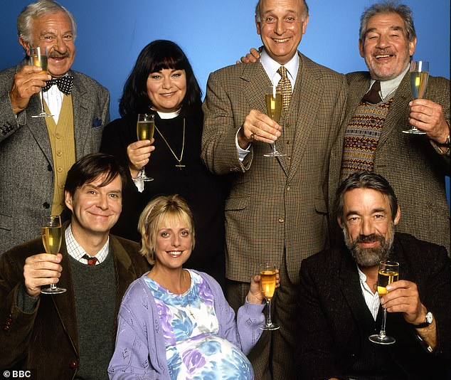 The cast of The Vicar of Dibley, pictured from left: John Bluthal, James Fleet, Dawn French, Emma Chambers, Gary Waldhorn, Roger Lloyd Pack and Trevor Peacock