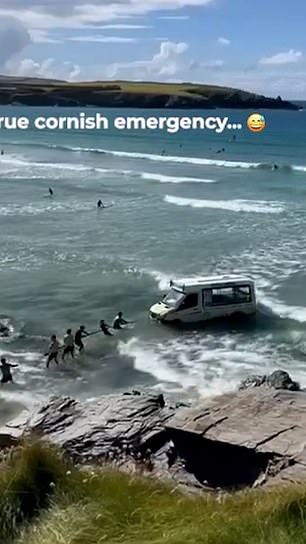 Bathers try to tow the van