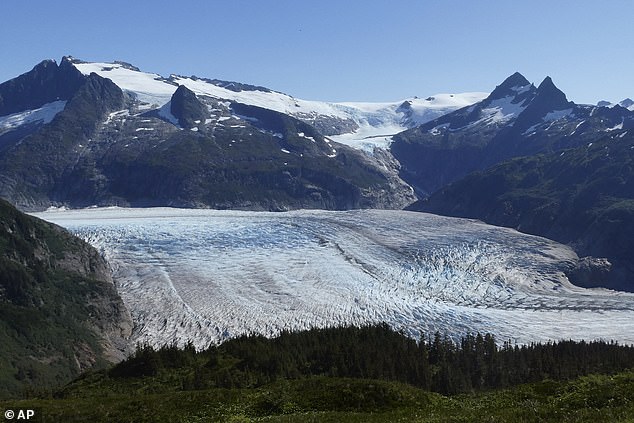 The face of Mendenhall Glacier is seen from the Mount McGinnis trail in Juneau on Sunday, Aug. 20, 2023. The glacier flows into Mendenhall Lake.