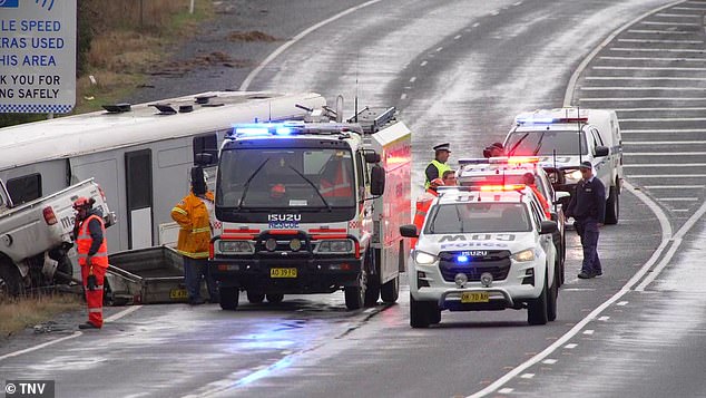 The Mid-Western Highway has been closed to heavy vehicles between Mandurama and Blayney as police (pictured at the scene) launch an investigation into the collision.