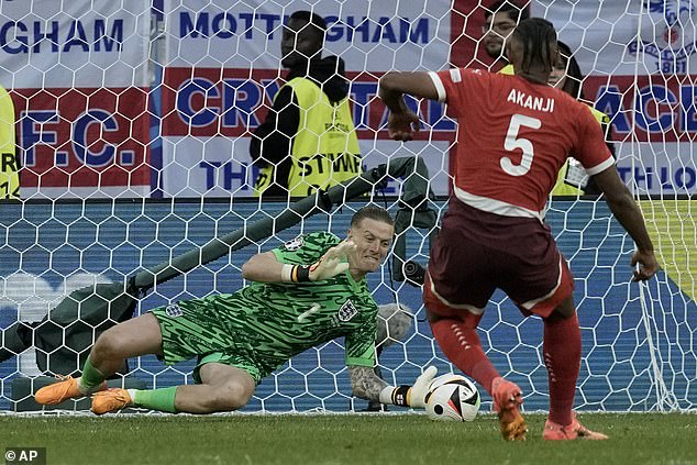 Jordan Pickford's water bottle told him to 'dive left' on Akanji's penalty, which he did.